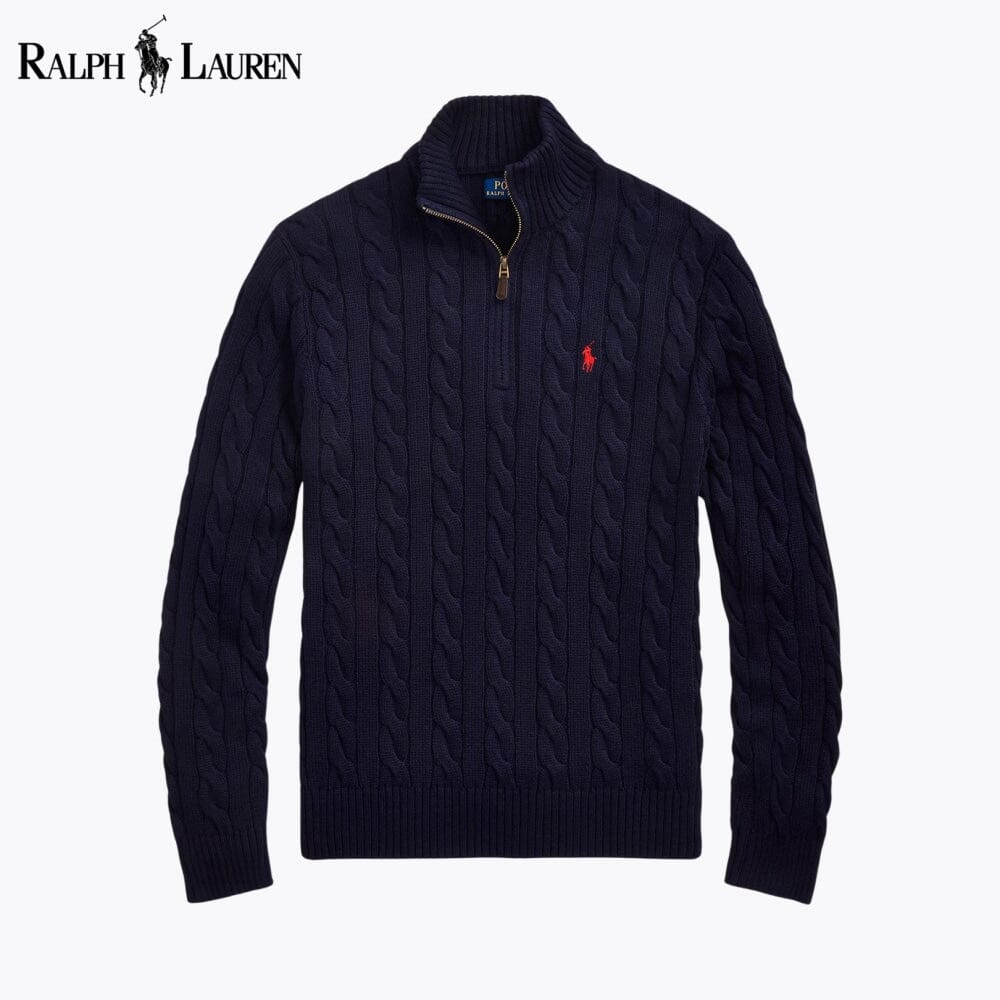 RL grob gestrickter Baumwollpullover mit Zopfmuster und Viertelreißverschluss